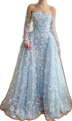 Gala Lace Evening Dress With Floral Applique, Elegant Floral Embroidered Ball Gown For Gala, Lace Evening Dress With Floral Applique For Wedding, Elegant Ball Gown With Floral Applique And Fitted Bodice, Blue Floral Applique Dress For Gala, Gala Evening Dress With Floral Applique Lace, Lace Evening Dress With Floral Applique For Gala, Floor-length Floral Applique Gown For Banquet, Blue Floral Embellished Gown For Gala