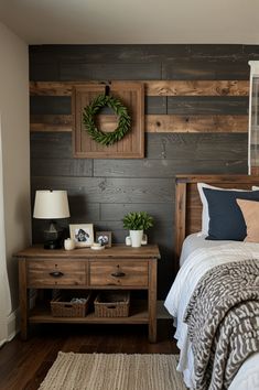 a bed room with a neatly made bed and a wooden head board on the wall