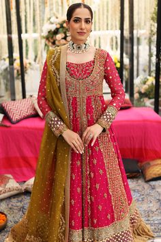 Shocking Pink Contrast Dress Pakistani, Pink And Orange Lehenga, Pakistani Gown, Anarkali Designs, Orange Lehenga, Contrast Dress, Shadi Dresses, Lehenga Online, Wedding Dress Outfit