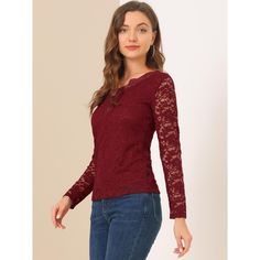 Made of lightweight semi-sheer fabric in a fitting silhouette, this elegant lace blouse is designed with a lace trim and full sleeves, which is an effortless option for weddings, night outings, or parties. A flattering deep V-neckline and long feminine sleeves, show your enchantment better. A scalloped lace trim and lace panel add a romantic feeling to this stretchy blouse, especially for teens, girls, or ladies. Slim fit design, makes you look more elegant. Perfect match mini skirts for a chic Fall Lace Top With Lace Trim, Elegant Long Sleeve Lace Top With Patchwork, Elegant Long Sleeve Lace Patchwork Top, Long Sleeve Lace Top For Fall, Elegant Long Sleeve Lace Top With Scalloped Edges, Elegant Long Sleeve Scalloped Lace Top, Fall Lace Tops, Fall Long Sleeve Top With Lace Sleeves, Elegant Long Sleeve Lace Top