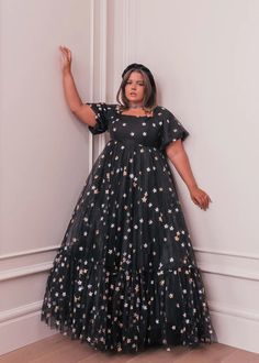 Wendy Dress – JessaKae, black dress, star dress, maxi dress, wedding guest dress, fashion, mid size fashion, plus size dress, size inclusive, inclusive fashion, body positivity, plus size, summer dress, fashion shoot, model, photoshoot, women's fashion, OOTD, wedding guest dress, bridesmaid dresses, church dress, engagement dress, wedding, date night, cocktail dress, style, lifestyle shoot Black Star Dress, Star Themed Wedding, Wendy Dress, Girls Blue Dress, Hello Darling, Plus Size Cocktail Dresses, Black Prom Dress, Black Prom, Engagement Dresses