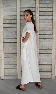 "Linen tunic / Beach dress / Holiday dress / Linen tunic dress / Long white summer dress / Loose linen dress / Maternity dress / Pure white The linen dress is with split and two big pockets in front. You can wear the dress with folded or unfolded sleeves. This elegant natural linen dress will impact the felling of freedom and original style for every women who will wear it. It is cozy, comfortable and soft, made from washed and softened medium weight natural Lithuanian linen. You can choose from Elegant Beach Dresses With Pockets, White V-neck Dress With Pockets, Plain Linen Summer Dress, Plain Summer Dresses For Vacation, Plain Summer Vacation Dresses, Plain Dresses For Summer Vacation, White A-line Dress With Pockets, White Linen V-neck Casual Dress, White Linen V-neck Midi Dress