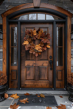 60 Elegant Fall Decor Ideas for Sophisticated Home Outdoor Fall Decor Front Door, Elvish Home Aesthetic, Cozy Elegant Home Decor, Oak Exterior Door, Front Door With Windows On Top, Vintage Porch Ideas, Outside Front Door Entryway Ideas, Autumn Home Aesthetic, Front Entryway Ideas Interior