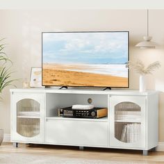 a flat screen tv sitting on top of a white entertainment center next to a potted plant