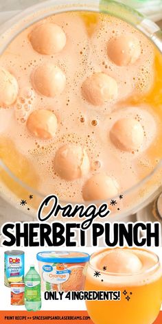 an advertisement for orange sherbet punch in front of a bowl of ice cream