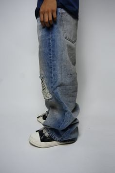 Introducing our 'Indesicive-Denim-Jeans' - These jeans future a vibrant blue clean wash, complemented by knee rips. There is also a subtle camo splatter while the rusty accents give them a distinctive worn-in look. They also bring a baggy fit to them. Vibrant Blue, Jeans For Sale, Baggy Fits, Denim Jeans, Camo, Stockings, Bring It On, Blue