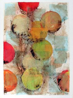 an abstract painting with oranges and apples