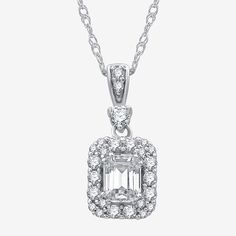 Diamond Clarity: Si1-I1Jewelry Closure: Spring Ring ClaspSetting: ProngShape: EmeraldStone Cut: EmeraldDiamond Color: G-HMetal Color: WhiteChain Length: 18 InchPendant Length: 16.8mmPendant Width: 7.8mmRounded Carat Weight: 3/4 Ct. T.w.Chain Construction: BoxCare: Wipe CleanStone Type: 26 Lab Grown DiamondAuthenticity: Lab Grown DiamondBirthstone: April BirthstoneMetal: 10k White GoldNecklace Type: Halo Necklaces, Multi-Diamond Necklaces, Pendant NecklacesCountry of Origin: Imported Classic Emerald Cut White Diamond Necklace, Classic White Emerald Cut Diamond Necklace, Classic White Emerald-cut Diamond Necklace, White Emerald Cut Fine Jewelry Necklace, White Necklace With Halo Setting For Anniversary, Classic White Emerald Cut Necklace, Classic White Emerald-cut Necklace, White Gold Necklace With Emerald Cut And Halo Setting, White Gold Emerald Cut Necklace With Halo Setting