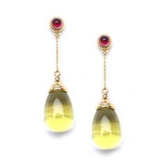 18 karat yellow gold Gemstone drops 20 carats plus Rubellite tops 1 carat approx. Post backs for pierced ears Formal Drop Cabochon Earrings, Teardrop Gemstone Earrings In Yellow Gold, Yellow Earrings With 17 Jewels For Formal Occasions, Formal Yellow Earrings With 17 Jewels, Elegant Drop Earrings With Cabochon, Yellow Briolette Earrings For Formal Occasions, Long Drop Gemstone Earrings For Formal Occasions, Luxury Yellow Teardrop Earrings, Formal Yellow 14k Gold Earrings