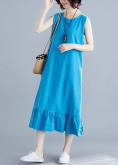 Elegant blue cotton clothes For Women o neck sleeveless A Line summer Dresses

This dress is made of cotton or linen fabric, soft and breathy. 

Flattering cut. Makes you look slimmer and matches easlily.
 
Materials used: cotton  linen

Measurement:Size S/US-2/EUR-34   
bust 100cm / 39"
length 113cm / 44.07"
Shoulder 35cm / 13.65"
hem 242cm / 94.38"


Size M/US-2/EUR-34   
bust 104cm / 40.56"
length 114cm / 44.46"
Shoulder 36cm / 14.04"
hem 246cm / 95.94"


Size L/US-2/EUR-34   
bust 108cm / 42 Solid Color Sleeveless Cotton Dress For Spring, Solid Cotton Sleeveless Dress For Spring, Spring Sleeveless Cotton Dress, Solid Cotton Sleeveless Summer Dress, Summer Cotton Sundress In Solid Color, Casual Cotton Solid Color Sleeveless Dress, Summer Sleeveless Cotton Dress, Casual Solid Color Sleeveless Cotton Dress, Casual Solid Color Cotton Sleeveless Dress