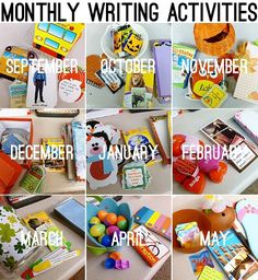 a series of pictures with writing activities for the month of december and months of march