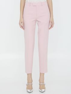 Tailored trousers in pink wool. It features zip, button and hook-and-eye closure, two side welt pockets, one rear welt pocket and belt loops. Regular fit. The model is 181cm tall and wears size UK 4.    Size nationality: UK  Product number: 8384601  Product code: 8082792B8640  Composition: 100% virgin wool Pink High-waisted Pants With Belt Loops, Pink Trousers With Belt Loops, Pink Straight Leg Dress Pants For Formal Occasions, Pink Workwear Pants With Belt Loops, Formal High-waisted Pink Dress Pants, Chic Pink Pants With Belt Loops, Pink Straight Leg Formal Bottoms, Formal Pink Straight Leg Bottoms, Pink Bottoms With Belt Loops For Work