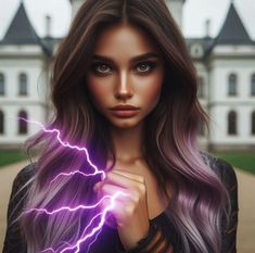 a beautiful woman with long hair and purple hair holding a lightning bolt in front of her face