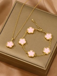 Pink Clover Necklace And Bracelet Jewelry Set, Suitable For Valentine's Day Gift Pink Fashionable   Zinc Alloy     Women Fashion Jewelry, size features are:Bust: ,Length: ,Sleeve Length: Cheap Pink Jewelry Sets For Gifts, Cute Cheap Pink Necklaces, Pink Jewelry Sets For Gifts, Pink Chain Necklaces For Gifts, Cheap Pink Necklace With Flower Charm, Pink Clover, Cute Christmas Ideas, Clover Jewelry, Clover Earrings