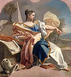 a painting of a woman sitting on top of a rock next to an instrument and other items