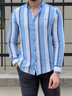 Bojoni Montebello Slim Fit High Quality Foldable Sleeve Blue Shirt | BOJONI Mcr Shirts, Smart Casual Wear, Outfits Hombre, Streetwear Mode, Blue Striped Shirt, Mens Stripes, Cotton Blends Dress, Linen Shirts, Men's Casual Style