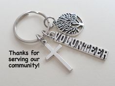 This listing is for 1 keychain.  Great gift for your volunteers to show your appreciation. The tree piece is about 1 inch across.   The keychain will come on a card that says "Thanks for serving our community". See my other employee/teacher appreciation items here:  https://www.etsy.com/shop/JewelryEveryday?ref=shop_home_edit&search_query=employee See my other tree items here:  https://www.etsy.com/shop/JewelryEveryday/search?search_query=tree&order=date_desc&view_type=gallery&ref=shop_search Check out my other keychains for more like this: https://www.etsy.com/shop/JewelryEveryday?section_id=14577163 Ministry Appreciation Gifts, School Volunteer, Volunteer Gifts, Staff Gifts, Kids Ministry, Teacher Appreciation Gift, Children's Ministry, Cross Charms, Appreciation Gifts