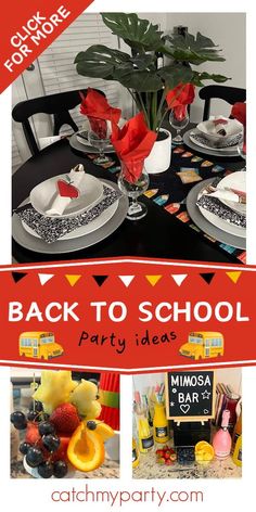 the back to school party is set up with black and white plates, red napkins, and flowers