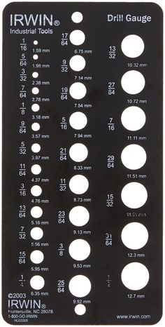 the back side of an iron - on drill gauge with numbers and measurements for different tools