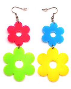 "Introducing our Flower Power Kandi Earrings - the ultimate accessory for raves and music festivals! Handcrafted by One Stop Rave, these vibrant and colorful earrings are designed to make a statement. Featuring a smaller pink acrylic daisy with a larger green acrylic daisy on the bottom, as well as a smaller blue acrylic daisy with a larger yellow acrylic daisy on the second earring, these earrings will be the life of any party. Laser-cut and crafted with precision, these acrylic daisy earrings are the perfect addition to your festival wardrobe. Get ready to dance the night away with our Flower Power Kandi Earrings! Flower Power Kandi Earrings - Pairs great with the One Stop Rave Flower Power Kandi Choker & Belt - Lightweight earrings for music festivals, raves, or any fun event! - Feature Summer Festival Retro Jewelry, Retro Summer Festival Jewelry, Retro Dangle Earrings For Festivals, Retro Flower-shaped Jewelry For Summer, Adjustable Drop Flower Earrings For Festival, Playful Bright Colored Jewelry Gift, Multicolor Earrings As Festival Gift, Multicolor Earrings For Festival Gift, Fun Rainbow Jewelry For Festivals