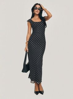 Maxi dress Polka dot print, straight neckline, cap sleeves, invisible zip fastening Good stretch, unlined 90% polyester 10% elastane Cold gentle machine wash Length of size US 4 / AU 8 shoulder to hem: 142cm / 55.9in Maxi Dress Black, Fleece Dress, Outerwear Outfit, Polka Dress, Satin Mini Dress, Midi Maxi Dress, Curve Dresses, White Midi Dress, Black Polka Dot