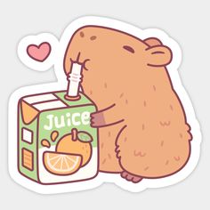 a sticker with an image of a bear holding a juice carton in it's mouth