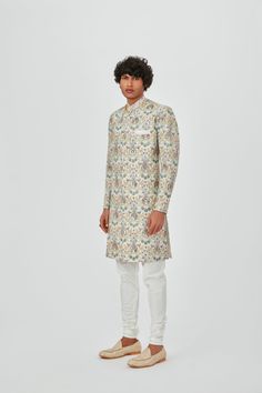 Beige raw silk heavy embellised and appliqued sherwani with churidar. DELIVERY TIMEPlease allow 6-8 weeks for your outfit to arrive. Professional cleaning only. Change Image, Churidar, Your Outfit, Professional Cleaning, Raw Silk, 8 Weeks, Body Measurements, Silk