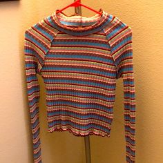 Perfect Condition Fall Blue High Neck Tops, Blue High Neck Top For Fall, Retro Blue Tops For Fall, Blue Retro Tops For Fall, Blue Retro Fall Tops, Casual Blue High Neck Sweater, Multicolor Ribbed Tops For Fall, Multicolor Turtleneck Tops For Fall, Casual Blue High Neck Top