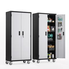 two metal storage cabinets with wheels on each side and one door open to the other