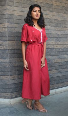 "Boho dress for women, Red linen dress, Bohemian dress, Linen maxi dress, Linen kaftan, Made to order, Custom made, Plus size -Model height: 5'3\" wearing size S -Length: 45\" neckline has sequins work inspired by motif of Mughal art and embroidery. This kind of embroidery is called maggam. **Note: Free Shipping time 15-21 days. Express Shipping time 5-7 days.**" Festive V-neck Maxi Dress, Casual Red V-neck Kaftan, Festive V-neck Cotton Dress, Traditional V-neck Maxi Dress For Summer, Traditional Red Maxi Length Dresses, Red Free Size Dress For Spring, Bohemian Ankle-length Cotton Dresses, Bohemian Red Floor-length Midi Dress, Red Maxi Dress For Vacation