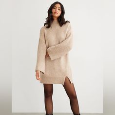 Dynamite Knit Turtleneck Sweater Dress Sweater Dress With Loafers, Sweater Dress Tall Boots, Holiday Sweater Dress, Beige Knit Dress Outfit, Tan Sweater Dress Outfit, Beige Sweater Dress Outfit, Sweater Dress With Ankle Boots, Simple Winter Dress, Turtleneck Sweater Dress Outfit