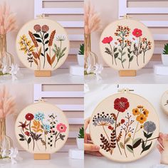 four different pictures of flowers in embroidery on wooden hoop