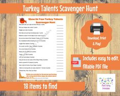 turkey themed scavenger hunt for kids with free printables on the side