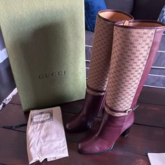 4" (102mm) Heel (Size 37+) 15 1/4" Shaft; 14 3/4" Calf Circumference Side Zip Closure Leather And Canvas Upper/Leather Lining/ Rubber And Leather Sole Made In Italy Women's Designer Shoes Designer Gucci Boots With Branded Insole, Gucci Calf Leather Boots, Designer Gucci Boots For Work, Gucci Designer Boots For Office, Designer Gucci Boots For Office, Gucci Designer Boots For Business, Gucci Designer Business Boots, Gucci Formal Boots With Branded Heel Counter, Gucci Calf Leather Boots For Business