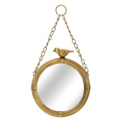 a mirror hanging from a chain with a bird on it