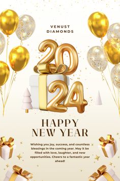 a happy new year card with gold balloons and presents on the side, in front of a