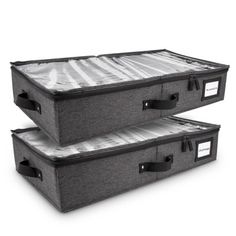 two grey storage boxes with black handles