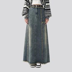 The 2023 Winter Collection brings you the perfect streetwear-style statement piece—our Sanded Denim Skirt! A perfect blend of vintage allure and today's spirited fashion pulse. this long. high-waisted skirt is designed to turn heads and bring out the boldest of fashionistas!Why This Skirt is an Absolute Must-HaveRetro meets modern in this timeless denim masterpiece. Its long silhouette and zipper & button closure make it a flattering statement piece that exudes confidence and style in any settin Denim Skirt Long, Womens Denim Skirts, Denim Skirt Women, Skirt For Women, Skirt Long, Streetwear Style, Style Statement, Fashion World, Winter Collection