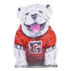 a drawing of a bulldog wearing a red shirt with the letter g on it's chest