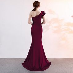 Dark Red One Shoulder Evening Gown (Stunning) One-shoulder Evening Dress With Sweep Train For Banquet, Elegant Red One Shoulder Evening Dress, Elegant Red One Shoulder Dress For Formal Occasions, Elegant Red One Shoulder Formal Dress, One-shoulder Evening Dress With Sweep Train, Floor-length One Shoulder Dress For Prom Season, One Shoulder Evening Dress For Prom Season, One-shoulder Evening Dress For Prom, One Shoulder Evening Dress With Sweep Train For Prom