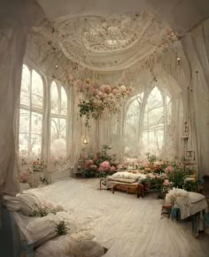 a room filled with lots of white furniture and flowers