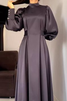 Elegant Plain A-line Maxi Dress, Elegant Plain Party Dress, Chic Solid Color Long Sleeve Pleated Dress, Chic Pleated Long Sleeve Dress, Elegant Long Sleeve Plain Maxi Dress, Elegant Plain Dresses For Fall, Modest Solid Color Maxi Dress For Evening, Solid Color Plain Maxi Dress, Solid Pleated A-line Maxi Dress