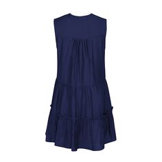 Navy Blue V Neck Ruffle Detail Sleeveless Mini Dress Blue Sleeveless Mini Dress With Ruffles, Blue Sleeveless Ruffled Mini Dress, Blue Sleeveless Ruffle Beach Dress, Blue Sleeveless Dress With Ruffle Hem For Summer, Blue Tiered Sleeveless Dress For Beach, Blue Sleeveless Ruffle Dress For Spring, Blue Sleeveless Casual Ruffle Dress, Casual Blue Sleeveless Ruffle Dress, Casual Blue Sleeveless Dress With Ruffles