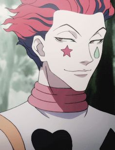 an anime character with pink hair wearing a black and white shirt, neck scarf and star on his face