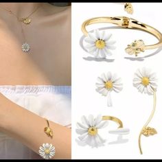 4 Pc Beautiful Daisy Set Adjustable Open White Daisy Paint 4pc Set Bracelet, Earrings,Ring , Condition : 100% Brand New & High Quality Metal: Alloy+Paint Main Stone: Not Applicable Color:Gold Ring Size :Adjustable Package Include Earrings Ring Bracelet Magnolia Jewelry, Pink Magnolia, Set Bracelet, White Daisy, Ring Bracelet, Gold Ring, Magnolia, Ring Earrings, Pink Ladies