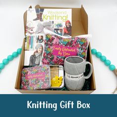 the knitting gift box is packed with items