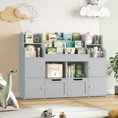 a child's room with toys and bookshelves