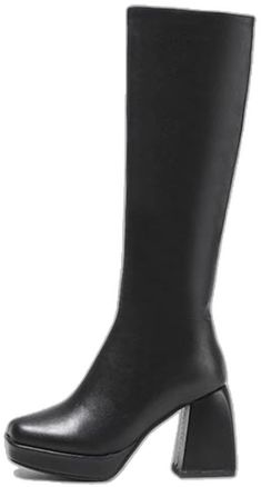 Black Wide Calf Martin Boots For Winter, Winter Boots With Rubber Sole And Faux Leather, Winter Leather Mid-calf Boots With Rubber Sole, Black Knee-high Boots With Round Toe For Winter, Black Square Toe Faux Leather Martin Boots, Winter Knee-high Closed Toe Boots, Winter Boots With Leather Sole And Medium Width, Winter Knee-high Boots Medium Width Closed Toe, Black Round Toe Knee-high Boots For Fall