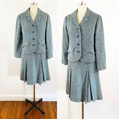 "1970's Pendleton suit in blue and white wool donegal tweed skirt and matching jacket. The skirt has a size nylon zipper and hook and eye closure, high waist style, fitted waist, a-line skirt with two front pleats and fully lined. The jacket has classic blazer silhouette, pointed collar, long sleeve, darted bust, button front and two hip pockets, and fully lined. The Pendleton label dates the suit circa 1970. It is in perfect vintage condition, no flaws to note, dry clean only and ready to wear. Formal Tweed Fitted Skirt Suit, Fitted Tweed Skirt Suit With Long Sleeves, Vintage Fitted Skirt Suit With Notch Lapel, Vintage Tweed Skirt Suit For Formal Occasions, Tailored Lined Skirt Suit For Workwear, Retro Fall Skirt Suit For Formal Occasions, Vintage Skirt Suit For Semi-formal Fall Occasions, Fitted Lined Skirt Suit For Workwear, Classic Fitted Wool Skirt Suit