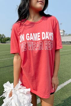 Get ready for game day with this new FSB exclusive- the On Game Days Tee! Red t-shirt with "On Game Days We Wear Red" in white. Available in small-2XL! cotton machine wash cold hang to dry State Necklace, Ribbed Knit Bodysuit, Four Sisters, Eucalyptus Mint, Pink Lemon, Tank Bodysuit, Wear Red, Red T Shirt, Knit Bodysuit